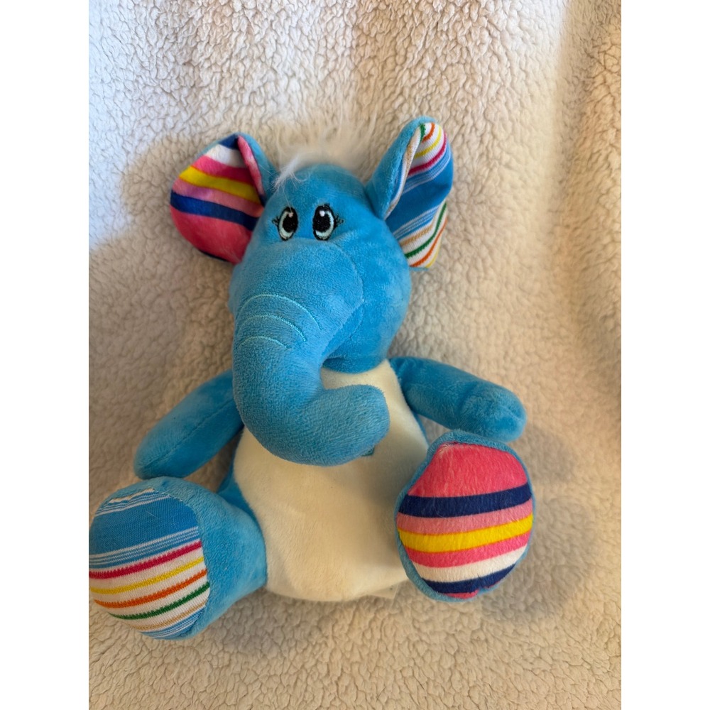 World Plush Blue Elephant Stuffed Animal Rainbow Striped Ears Feet Soft Toy